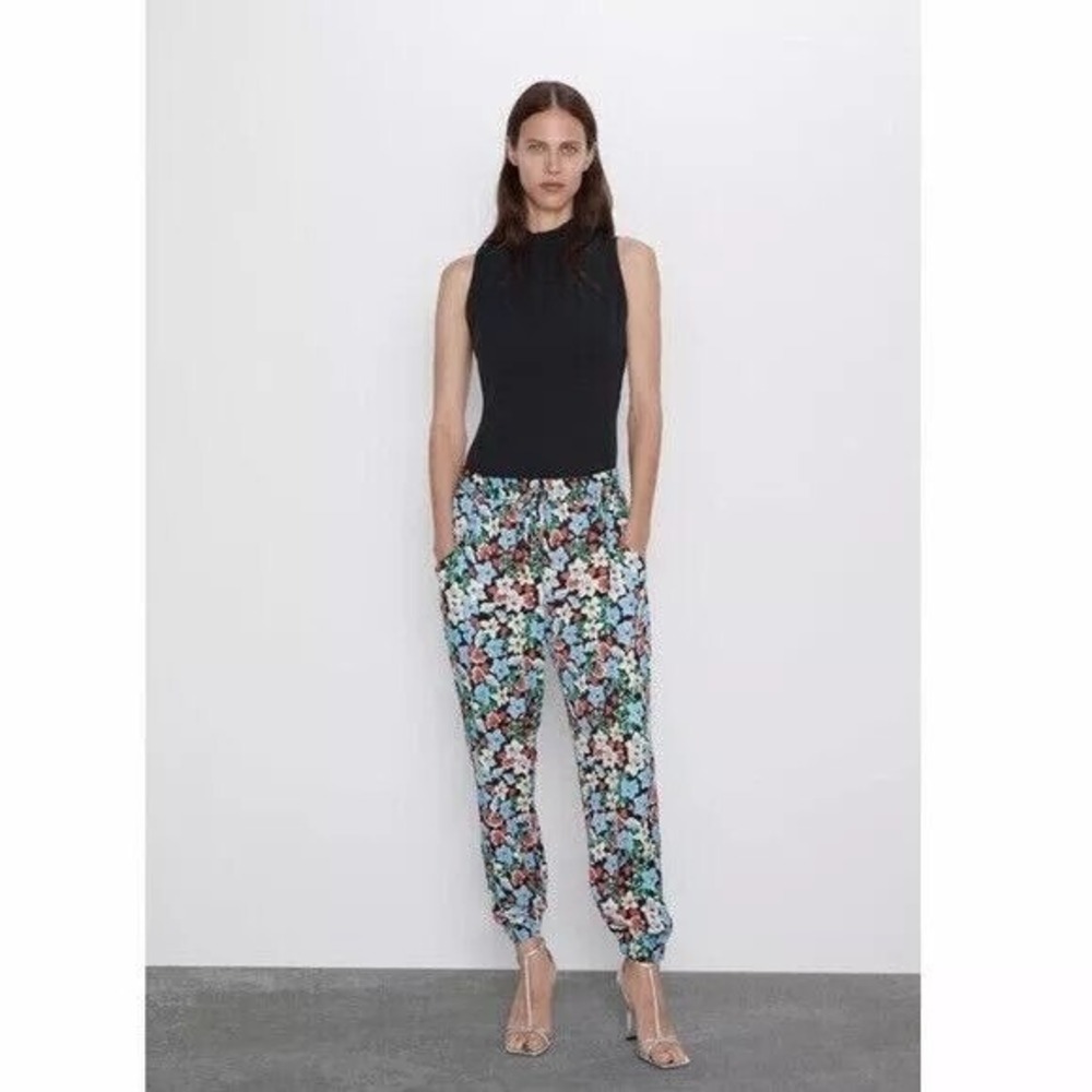 Zara Floral Joggers Women Medium Elastic Waist Tapered Casual Pants Cottage Core
